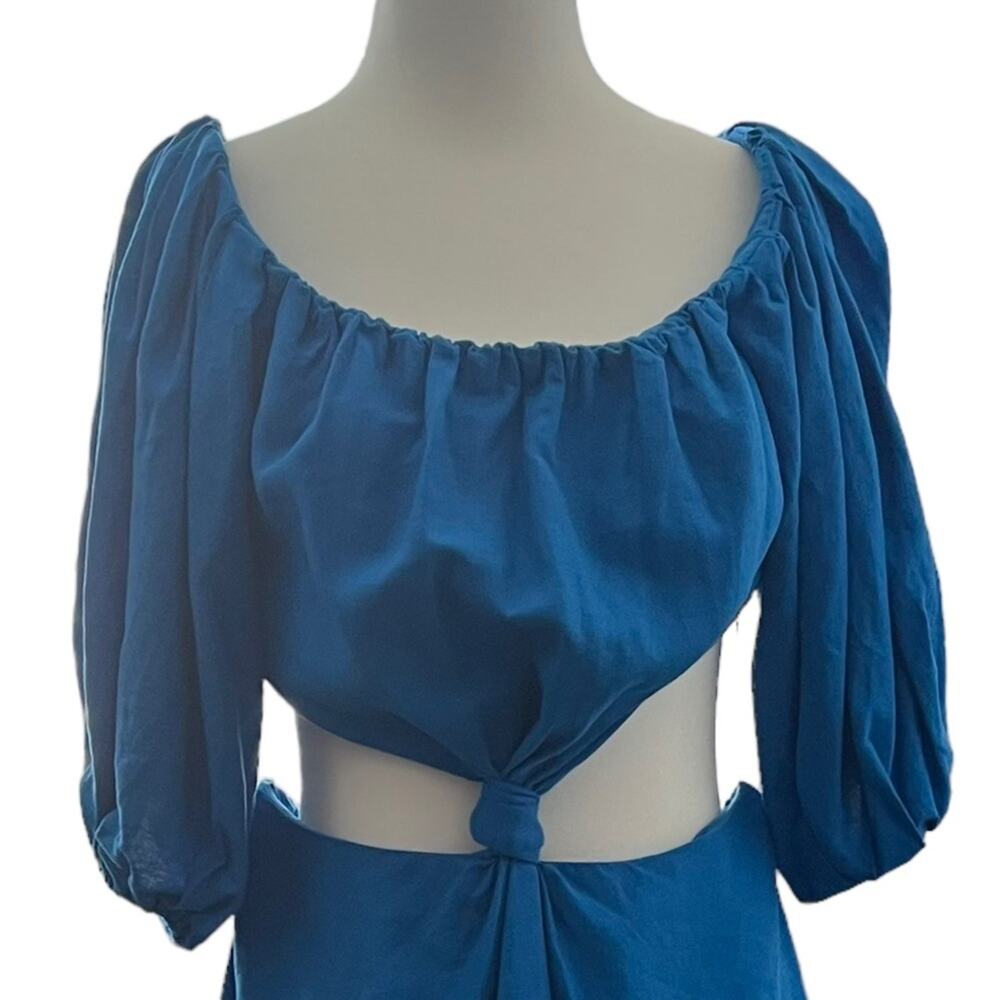 Farm Rio Cutout Knot Waist Linen Blend Puff Sleeve Blue Midi Dress Size M - Picture 5 of 14